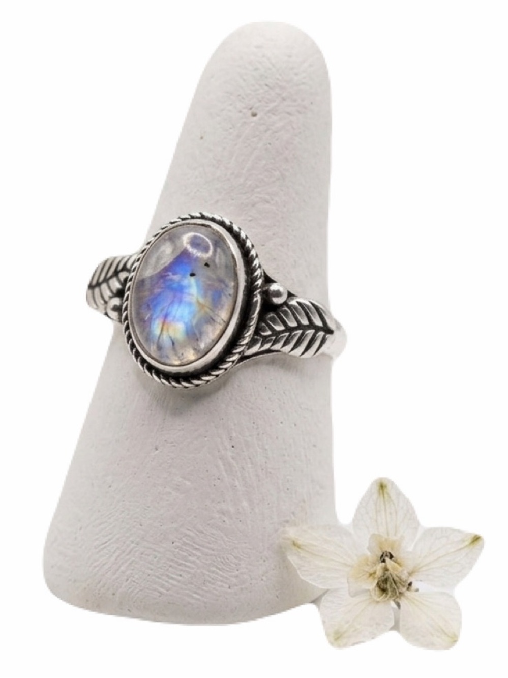 New RARE Rainbow Moonstone Uncommon Blue Purple Artisan 925 Sterling Floral Ring